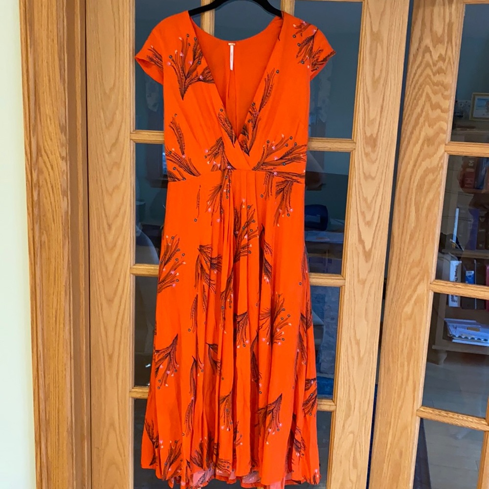 Free People Red Floral Printed Retro Midi Dress 8